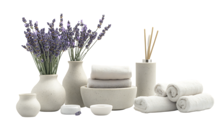 Spa treatment, lavender, towels, candles, serenity