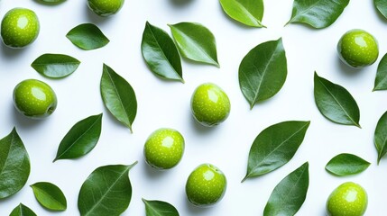 Green fruits and leaves flat lay pattern on white.