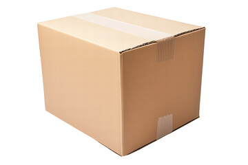 Cardboard carton box package close up detail isolated on transparent PNG background. 