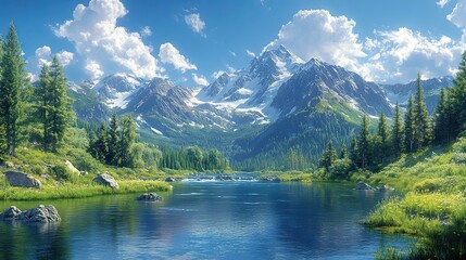 mountain landscape with river and coniferous forest