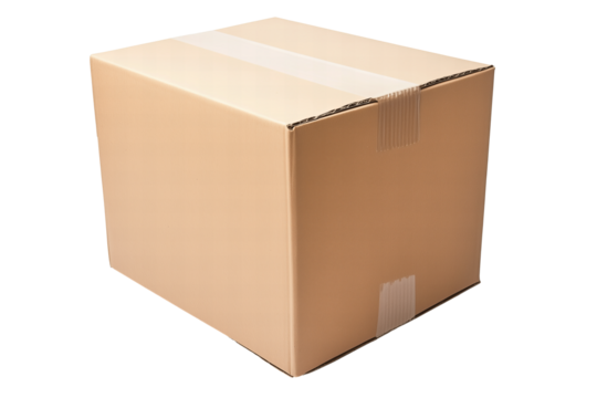 Cardboard carton box package close up detail isolated on transparent PNG background. 