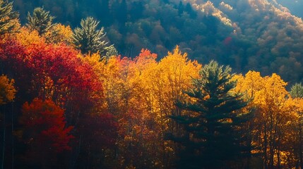 Breathtaking autumnal landscape showcasing the vibrant colorful foliage of a mountainous forest in the midst of the fall season