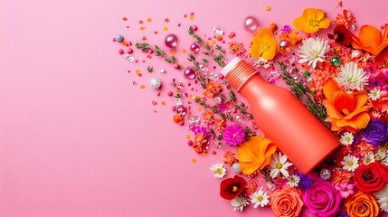 Vibrant Floral Arrangement with Pink Background and Stylish Water Bottle for Health and Wellness Promotion
