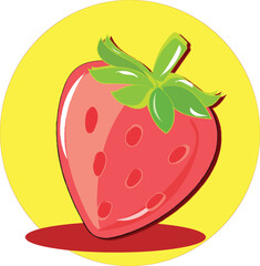 strawberry. Cute strawberry with leaf. Vector illustration isolated on yellow  background. 