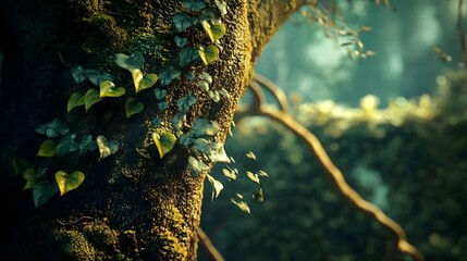 Closeup of a moss covered tree trunk surrounded by lush green foliage and leaves in a dense untamed forest environment  The texture and patterns of the bark and moss create a peaceful