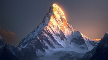 Majestic snow capped mountain peak towering over a serene wilderness landscape with dramatic lighting and colors during a breathtaking sunset