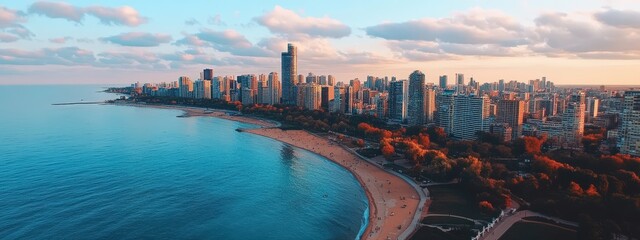 drone shooting city skyscrapers. Selective focus.