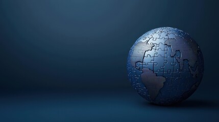 A blue, puzzle-like globe on a dark background, symbolizing global connection and unity.