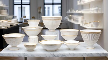 Elegant Collection of Fine White Tableware with Gold Accents Displayed in Modern Interior Setting