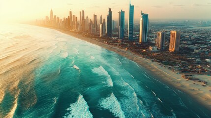 drone shooting city skyscrapers. Selective focus.