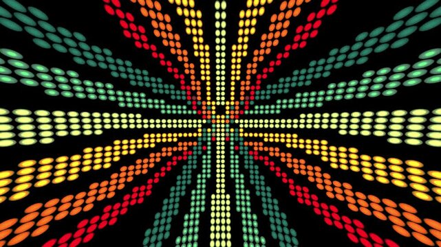 stylized disco backdrop animation with many small circles or spheres, rotating around and blinking in black background. Classic 1970s 1980s colors