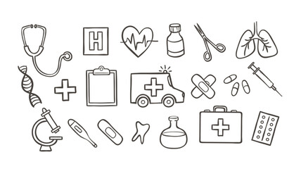 Cute hand-drawn Medicine Doodle Icons, perfect for blogs, social media, prints and crafting projects. A total of 20 icon designs. Vector illustration.