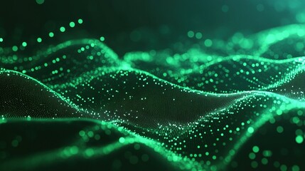 Futuristic abstract background with flowing light waves in green hues, creating a dynamic and vibrant effect. Small particles and bright flashes float in space, simulating an energy field.
