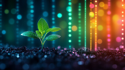 Close-up of vibrant green plants sprouting from rich, dark soil, illuminated by glowing digital lines, symbolizing innovation, growth, sustainability, and the fusion of nature with modern technology
