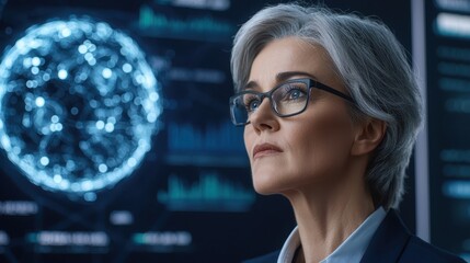 A thoughtful professional woman in glasses observes high-tech data visuals, embodying intelligence and innovation in a modern workspace.
