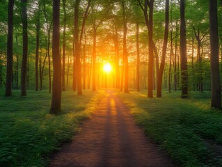 Obraz premium Golden Sunlight Path Through Lush Forest at Sunset