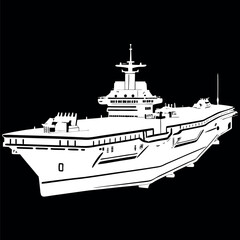 Fototapeta premium Black and white illustration of a Aircraft carrier, warship, Military vehicles.
