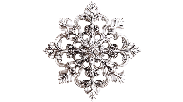 Ornate silver snowflake design. Festive, elegant, and decorative.