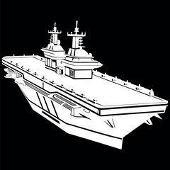 Obraz premium Black and white illustration of a Aircraft carrier, warship, Military vehicles.