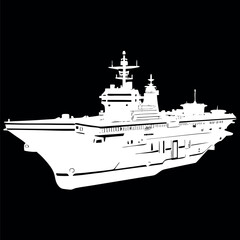 Obraz premium Black and white illustration of a Aircraft carrier, warship, Military vehicles.
