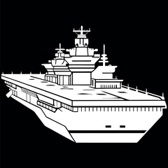 Obraz premium Black and white illustration of a Aircraft carrier, warship, Military vehicles.