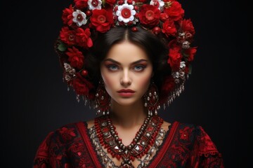 Naklejka premium Elegant woman adorned in traditional floral headdress and ornate jewelry posing against dark background