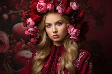 Naklejka premium Woman poses with a floral crown in rich colors against a vintage floral backdrop