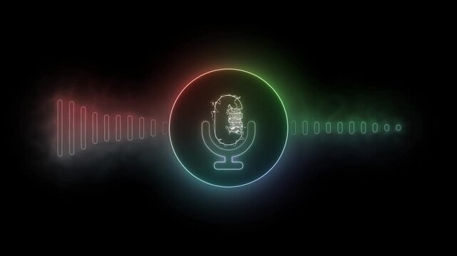 Voice recording mic microphone button icon animation, neon colorful line microphone icon, Neon microphone Voice recording podcast mic microphone button icon, Audio wave microphone icon anima