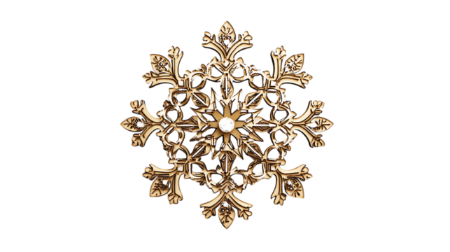 Ornate gold snowflake ornament on black background.