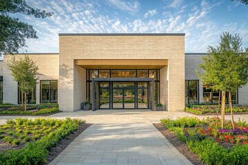 A community hall with light-colored bricks, large open glass doors, and a symmetrical garden layout in front