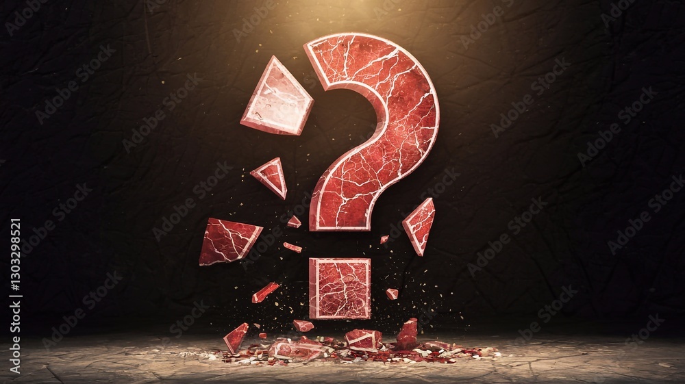 Wall mural digital 3d question mark made of crumbling red and white stone on a black background with backlighti