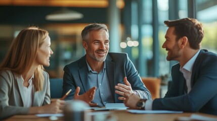 Business professionals engaged in a discussion during a corporate meeting, candid shot, in a modern office, using rule of thirds, with warm natural lighting