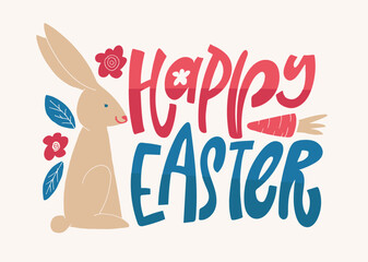 Obraz premium Happy Easter! Cute hand drawn doodle lettering quote about egg hunt. Lettering for t-shirt design, mug print, bag print, clothes fashion. 100% hand drawn vector image.