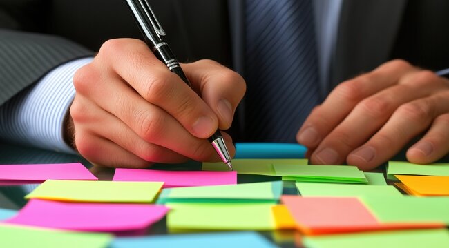 Businessman writing on sticky notes while working in the office, close-up of hands with a pen and colorful post-it notes on a table, with the focus point