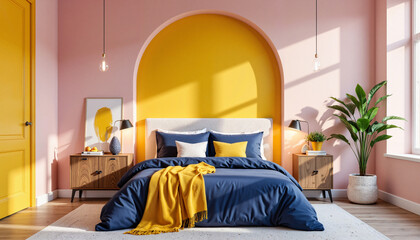 Cozy modern bedroom with dopamine colors and warm lighting, stylish serenity