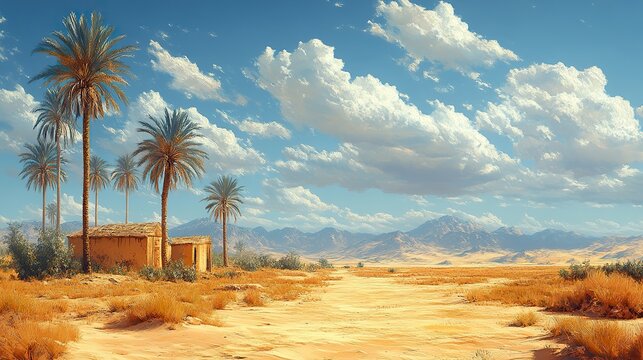 parable of the prodigal son desert landscape with a hut and palm trees