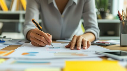 Close-up of a school administrator preparing a presentation on policy development, macro shot, in a well-organized office, employing clean composition