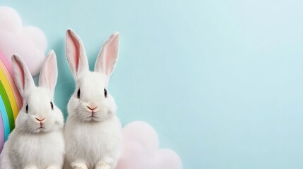 Obraz premium Pastel Easter Bunnies with Rainbow on Blue Background