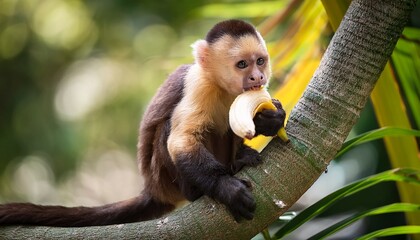 Fototapeta premium capuchin monkey in tree eating banana
