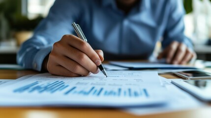 Close-up of a school administrator reviewing data analysis reports, macro shot, in an office setting, employing clean composition, with natural light