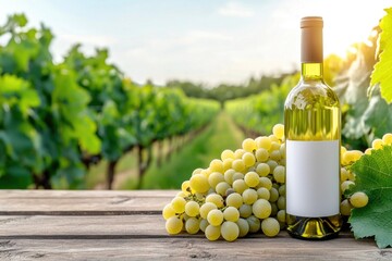 Fototapeta premium Bottle of wine with white grapes on wooden table