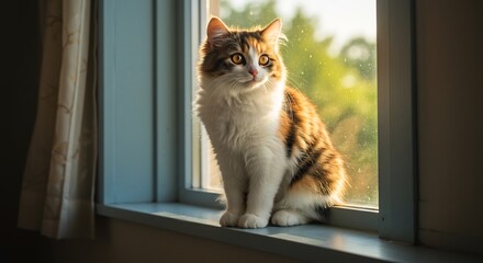 Calico cat sits serenely windowsill bathed warm sunlight. AI Generated