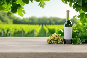 Fototapeta premium Wooden table with wine bottle and vineyard view