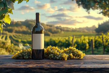 Fototapeta premium Wooden table with wine and fresh grapes
