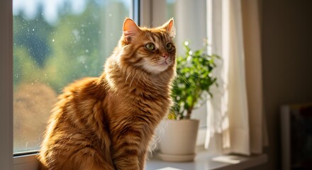 Golden sunlight bathes fluffy ginger cat peacefully gazing outdoors from windowsill. AI Generated