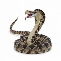 Fototapeta premium Coiled Rattlesnake with Diamond Pattern Displaying Fangs Isolated on White Background.