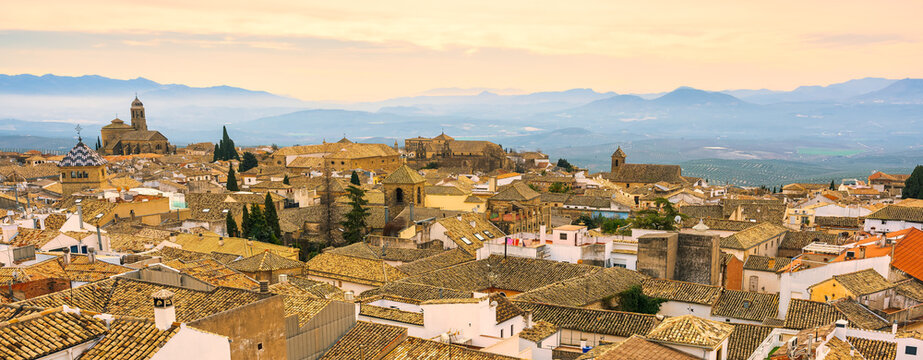 Panoramic view of the city of Ubeda next to olive groves in the mountains of the Guadalquivir valley, Andalusia.
