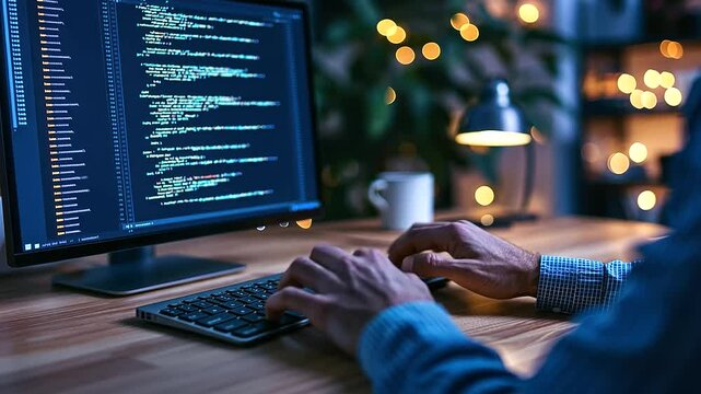Intense focus as a software developer writes code in a sleek, contemporary office setting.