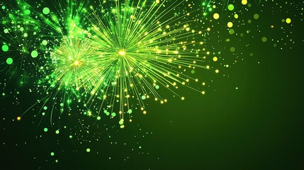 Fototapeta premium Abstract green background with glowing dots and lines in the form of fireworks, copy space. The design is minimalist perfect for digital applications, banner, card, advertising. St. Patrick's Day