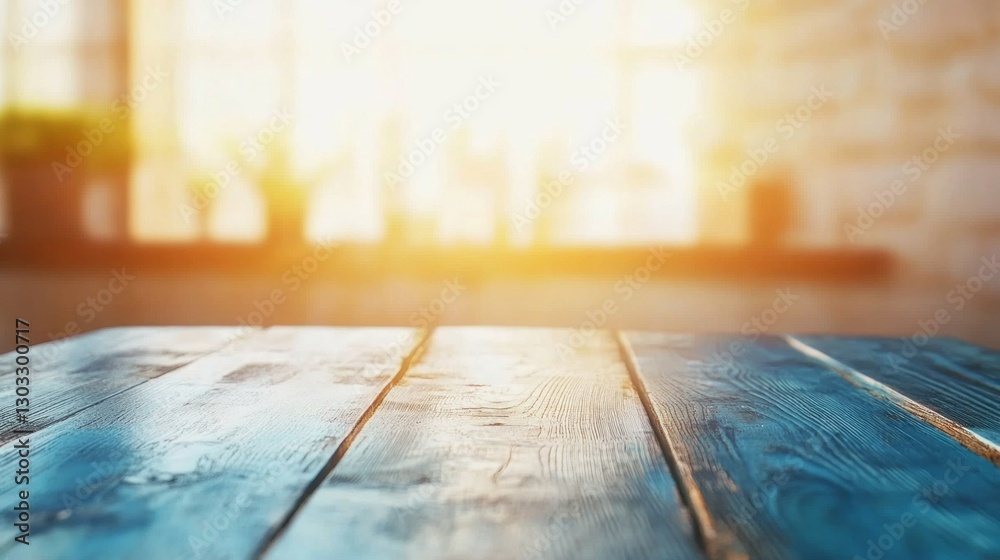 Poster warm sunlight streams through a window, illuminating a rustic wooden table. potted plants create a t